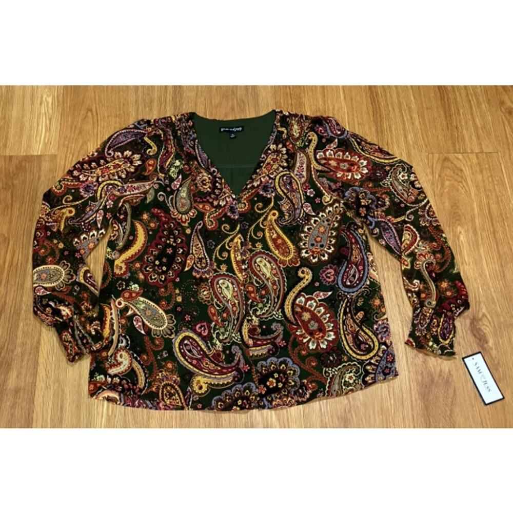 Sam&Jess Women's V-Neck Button-Front Smocked-Shoulder Top PL